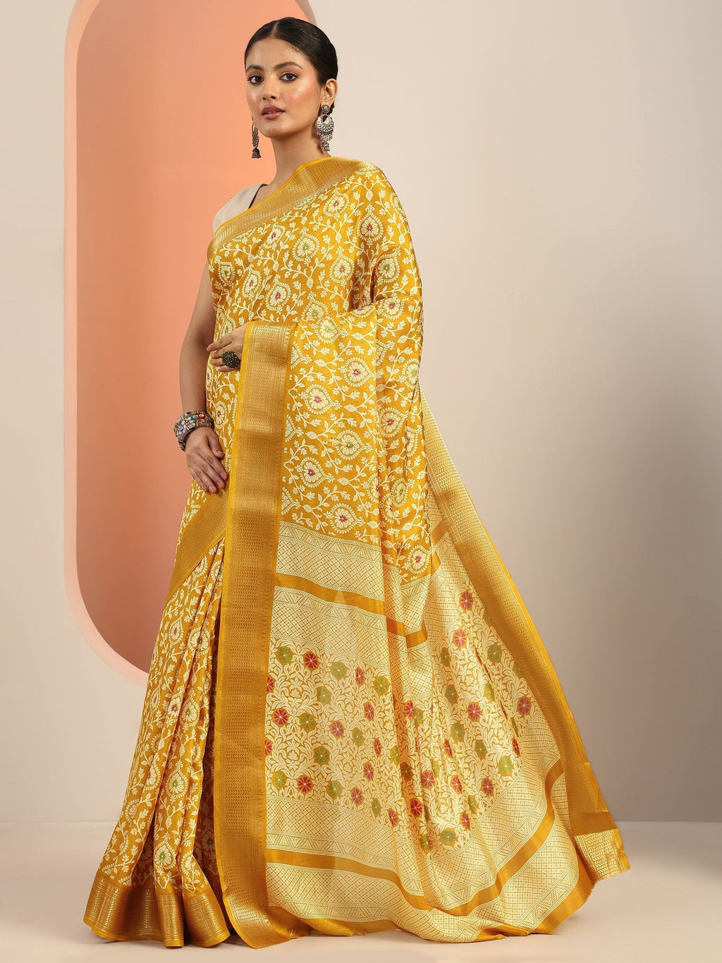 Libas Mustard Printed Silk Blend Saree With Unstitched Blouse Piece S45