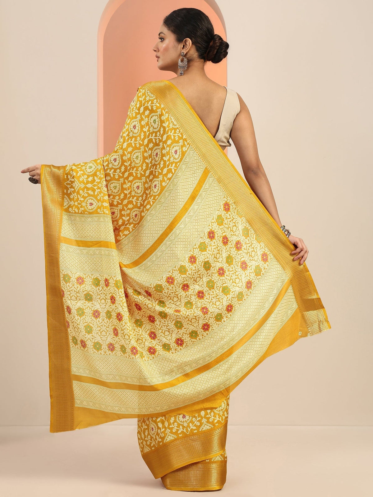 Libas Mustard Printed Silk Blend Saree With Unstitched Blouse Piece S45