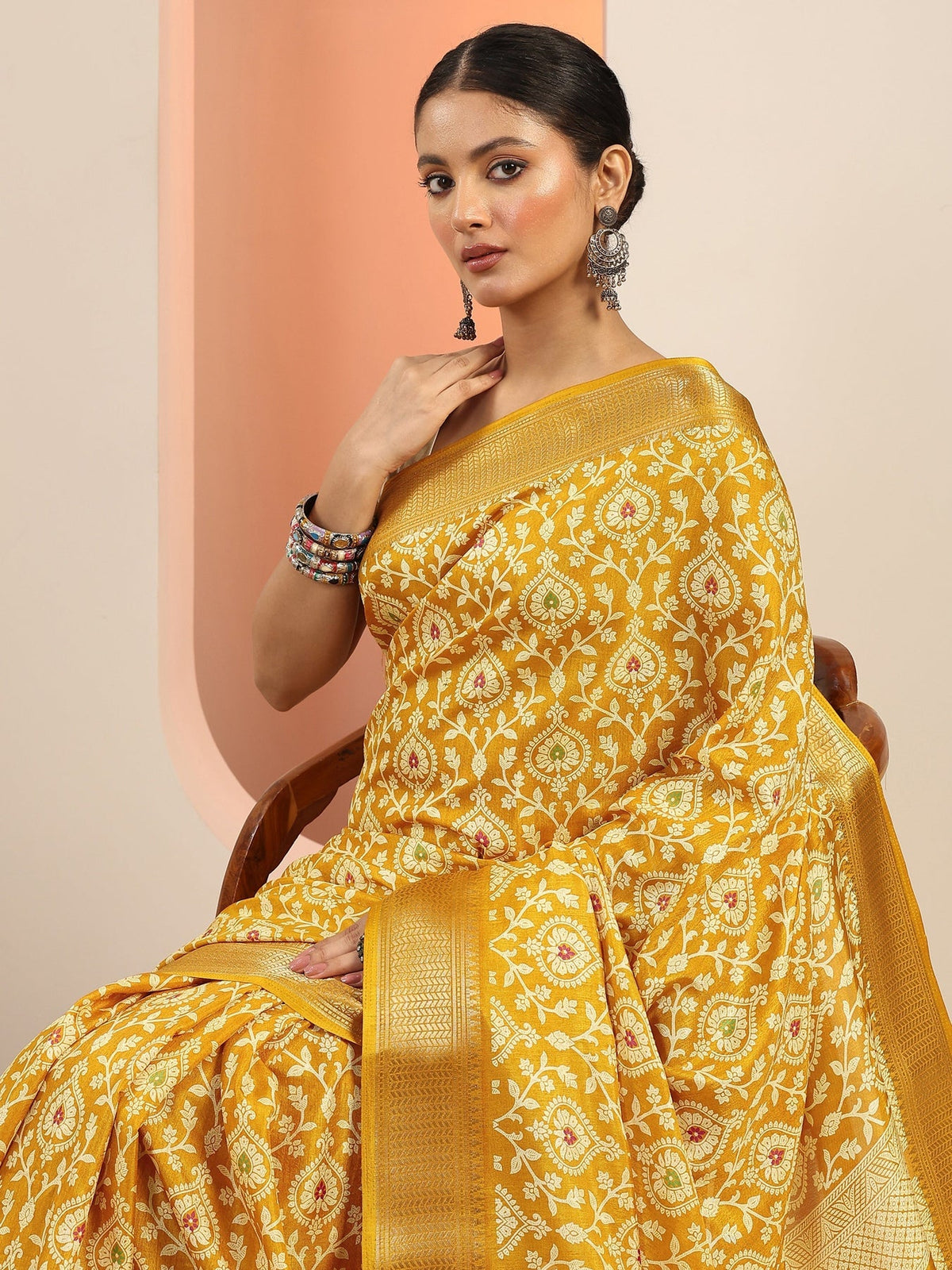 Libas Mustard Printed Silk Blend Saree With Unstitched Blouse Piece S45