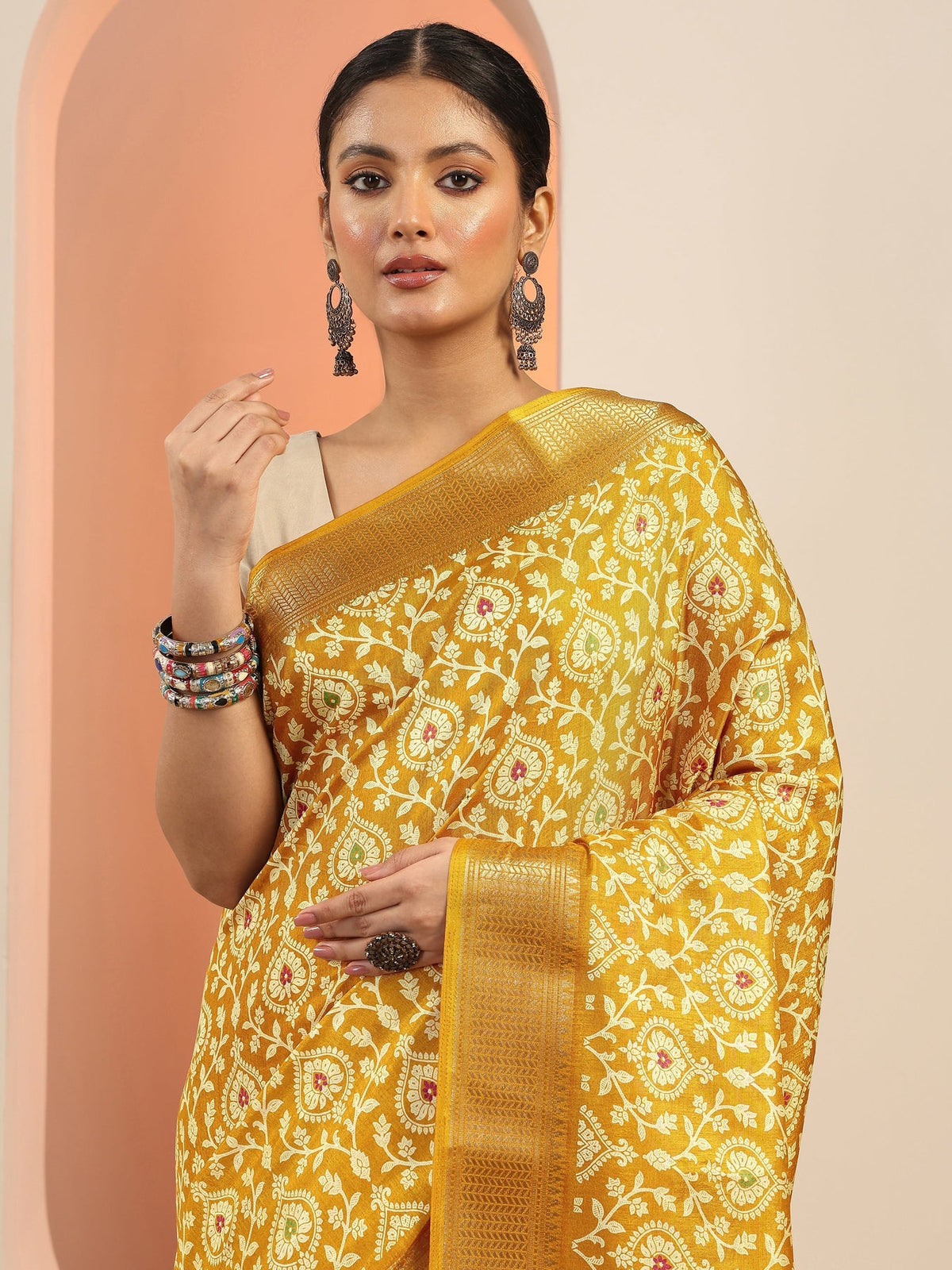 Libas Mustard Printed Silk Blend Saree With Unstitched Blouse Piece S45