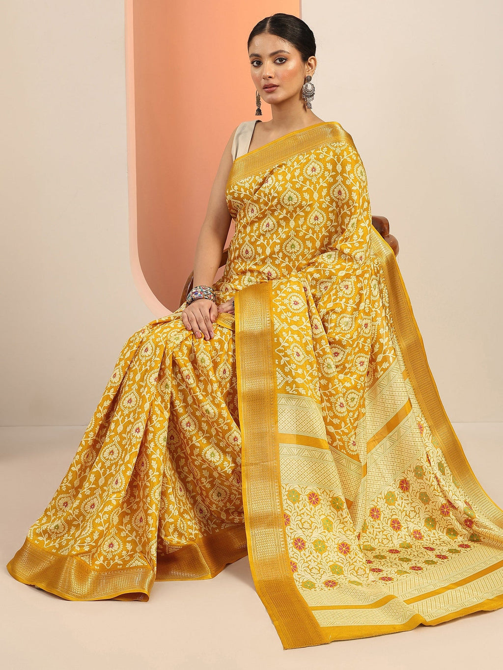 Libas Mustard Printed Silk Blend Saree With Unstitched Blouse Piece S45