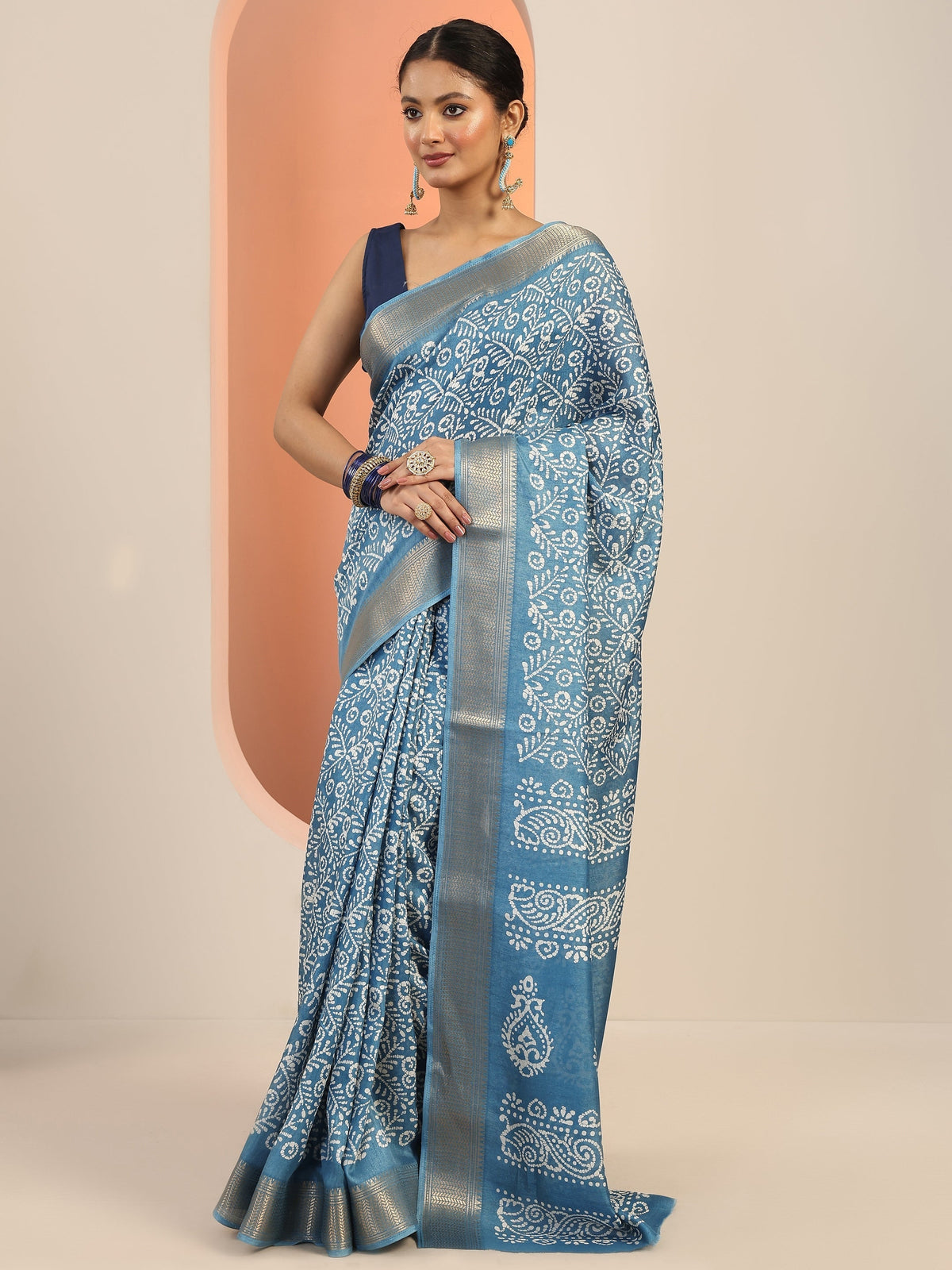 Libas Blue Printed Silk Blend Saree With Unstitched Blouse Piece