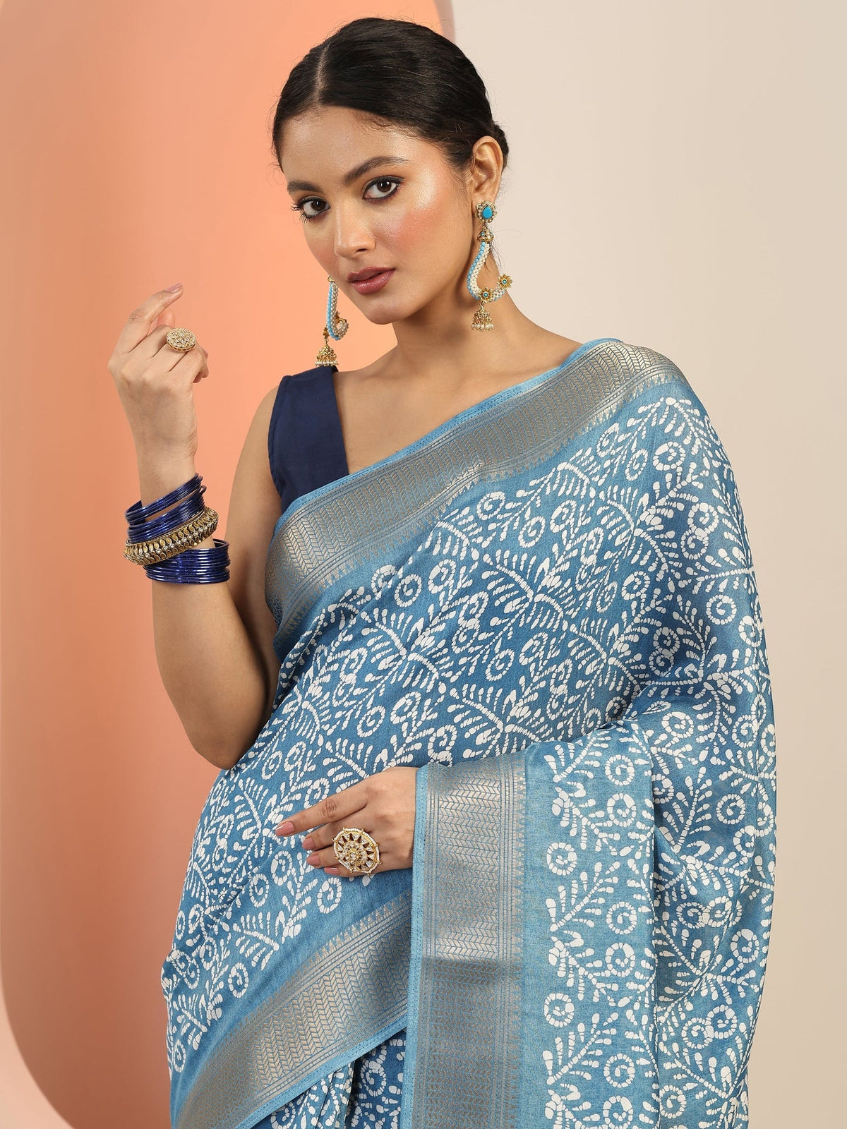 Libas Blue Printed Silk Blend Saree With Unstitched Blouse Piece S45