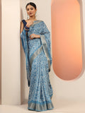 Libas Blue Printed Silk Blend Saree With Unstitched Blouse Piece S45
