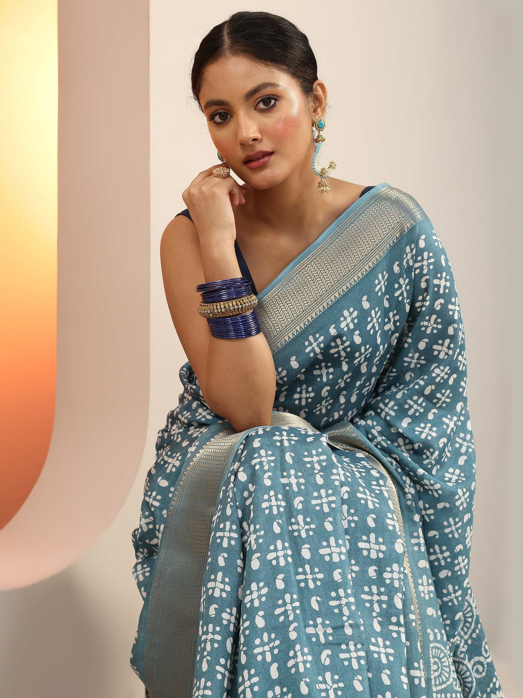 Libas Blue Printed Silk Blend Saree With Unstitched Blouse Piece S45