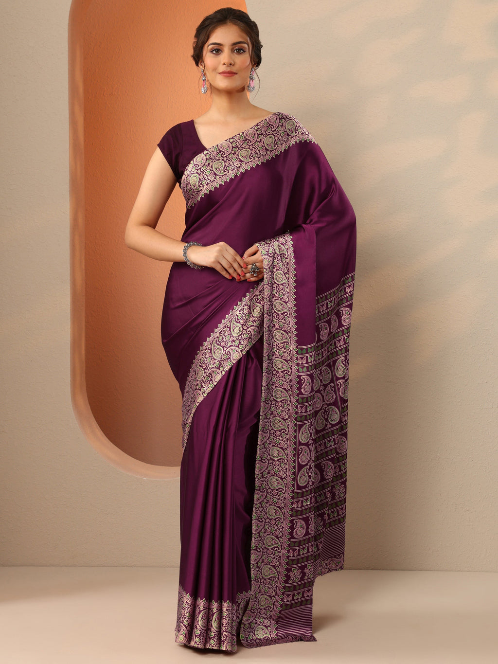Libas Burgundy Solid Satin Saree With Unstitched Blouse Piece