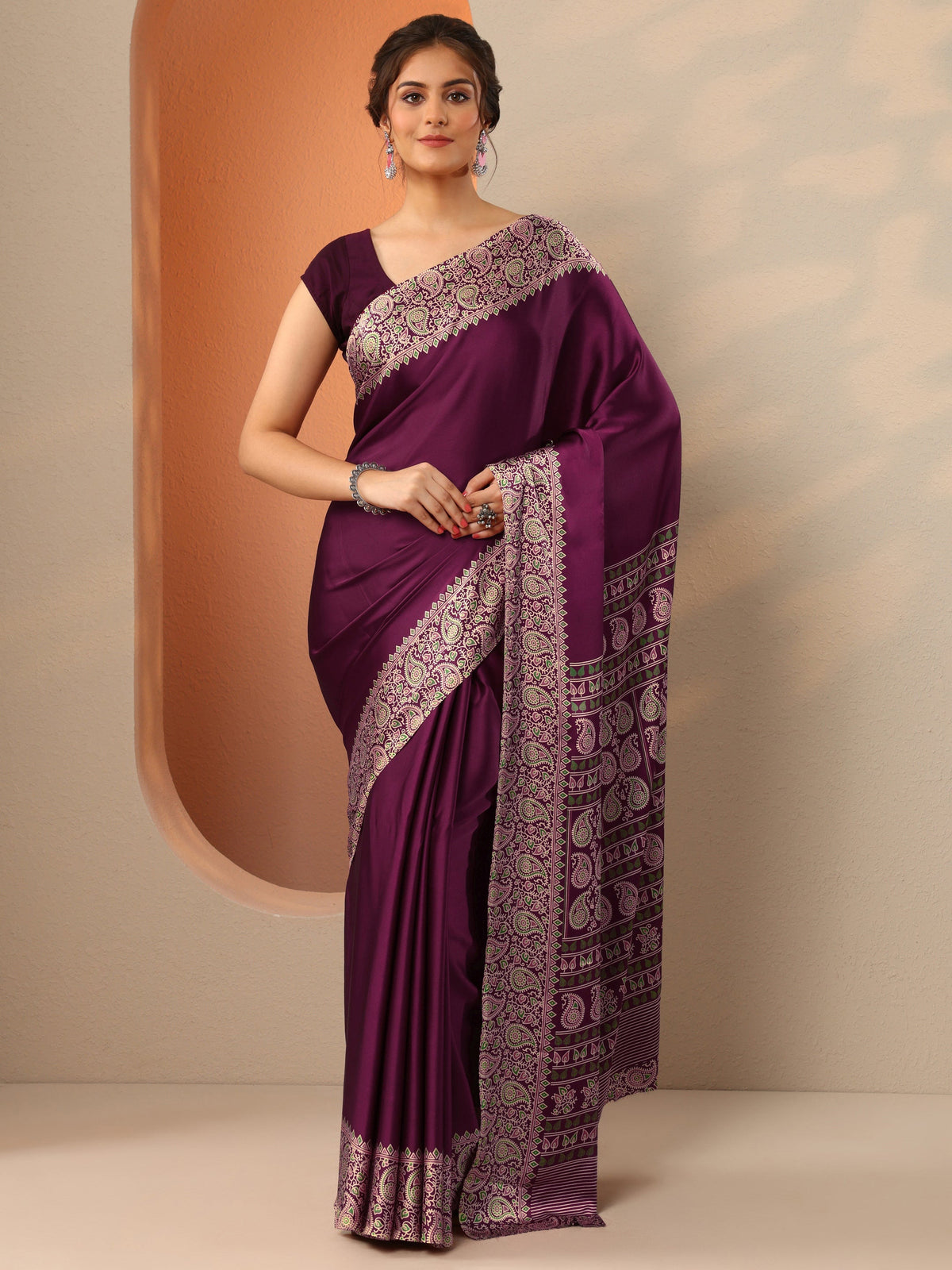 Libas Burgundy Solid Satin Saree With Unstitched Blouse Piece