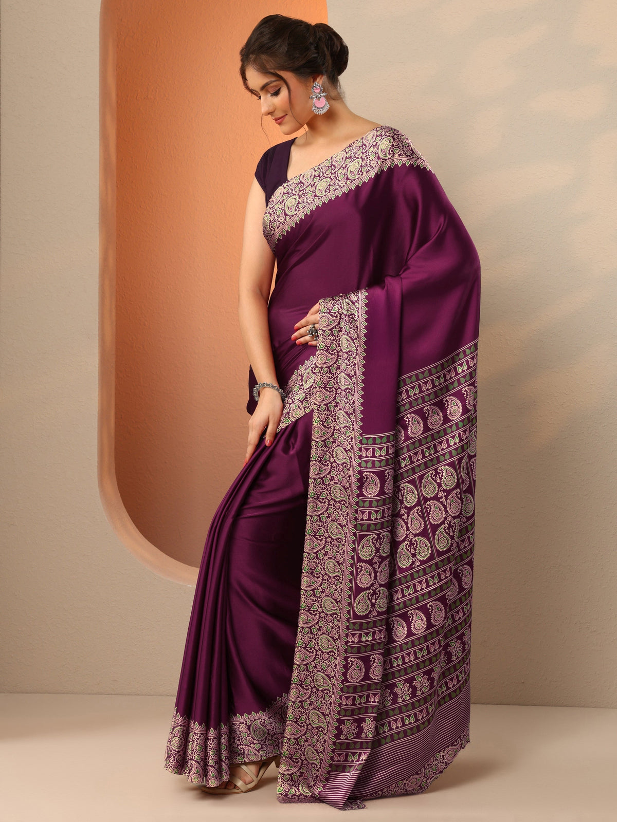 Libas Burgundy Solid Satin Saree With Unstitched Blouse Piece