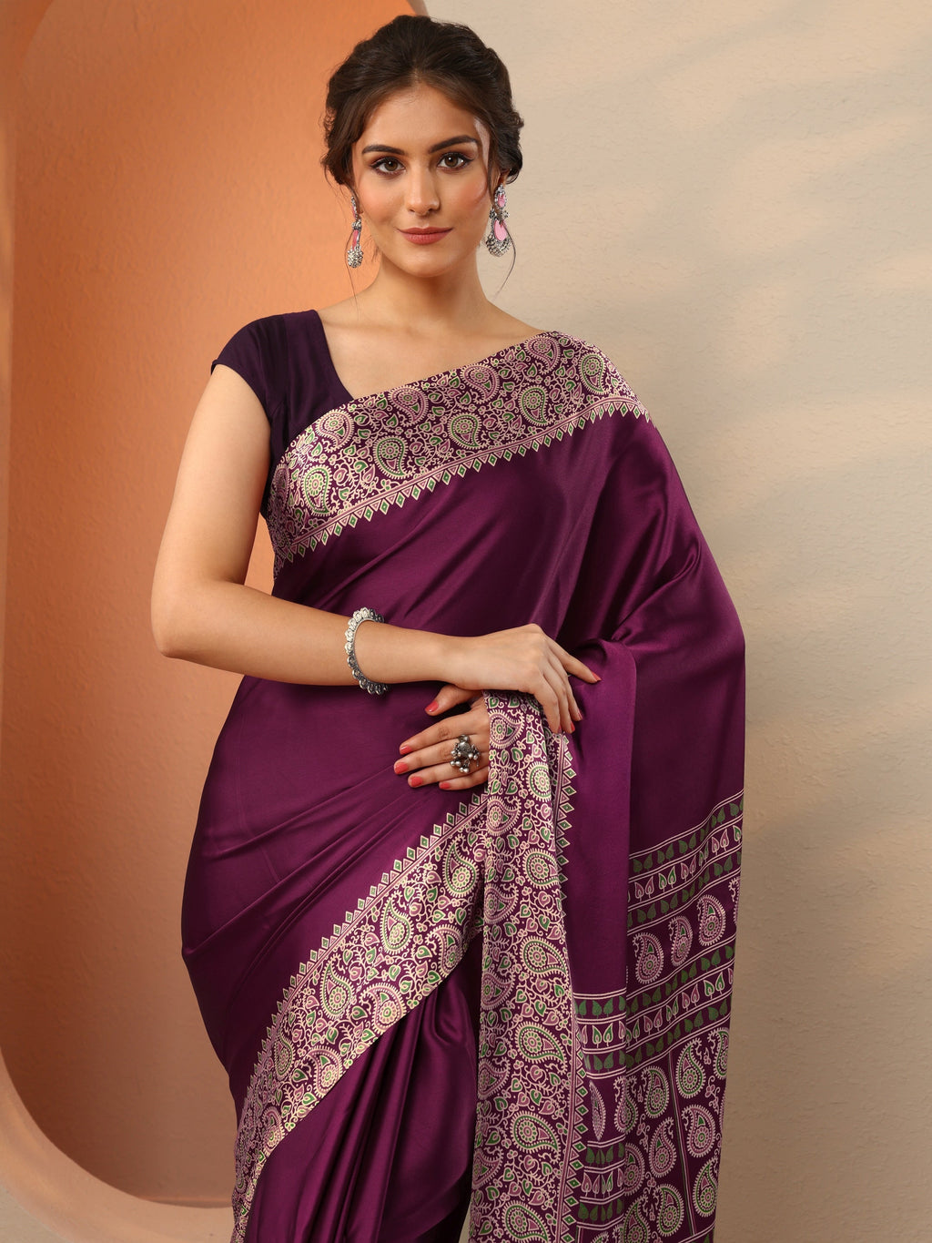 Libas Burgundy Solid Satin Saree With Unstitched Blouse Piece