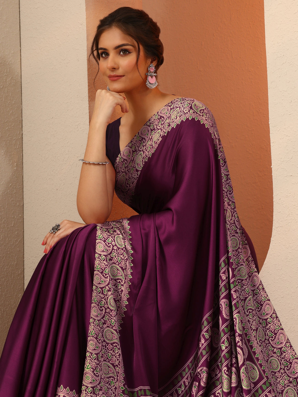 Libas Burgundy Solid Satin Saree With Unstitched Blouse Piece