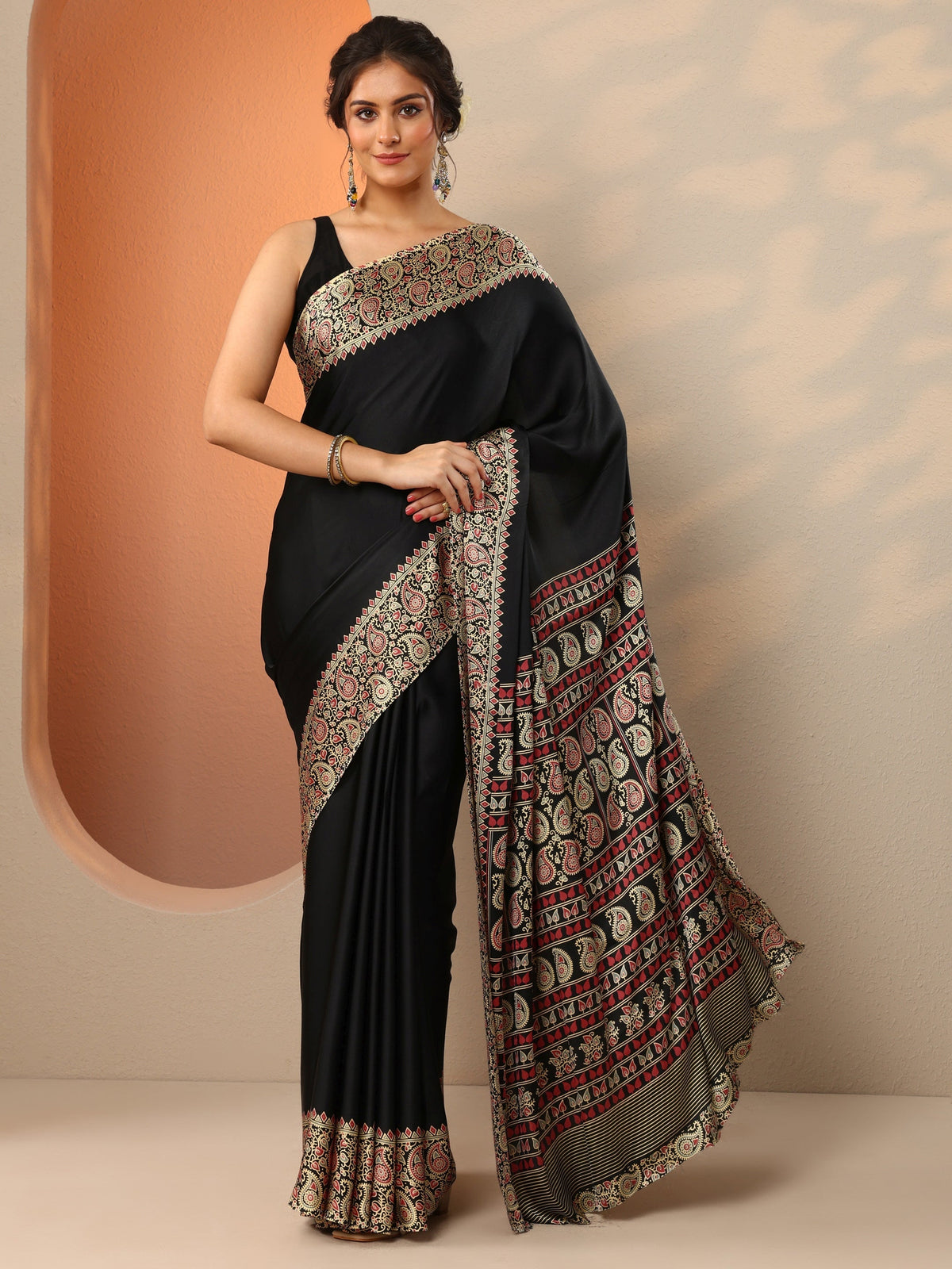 Libas Black Solid Satin Saree With Unstitched Blouse Piece