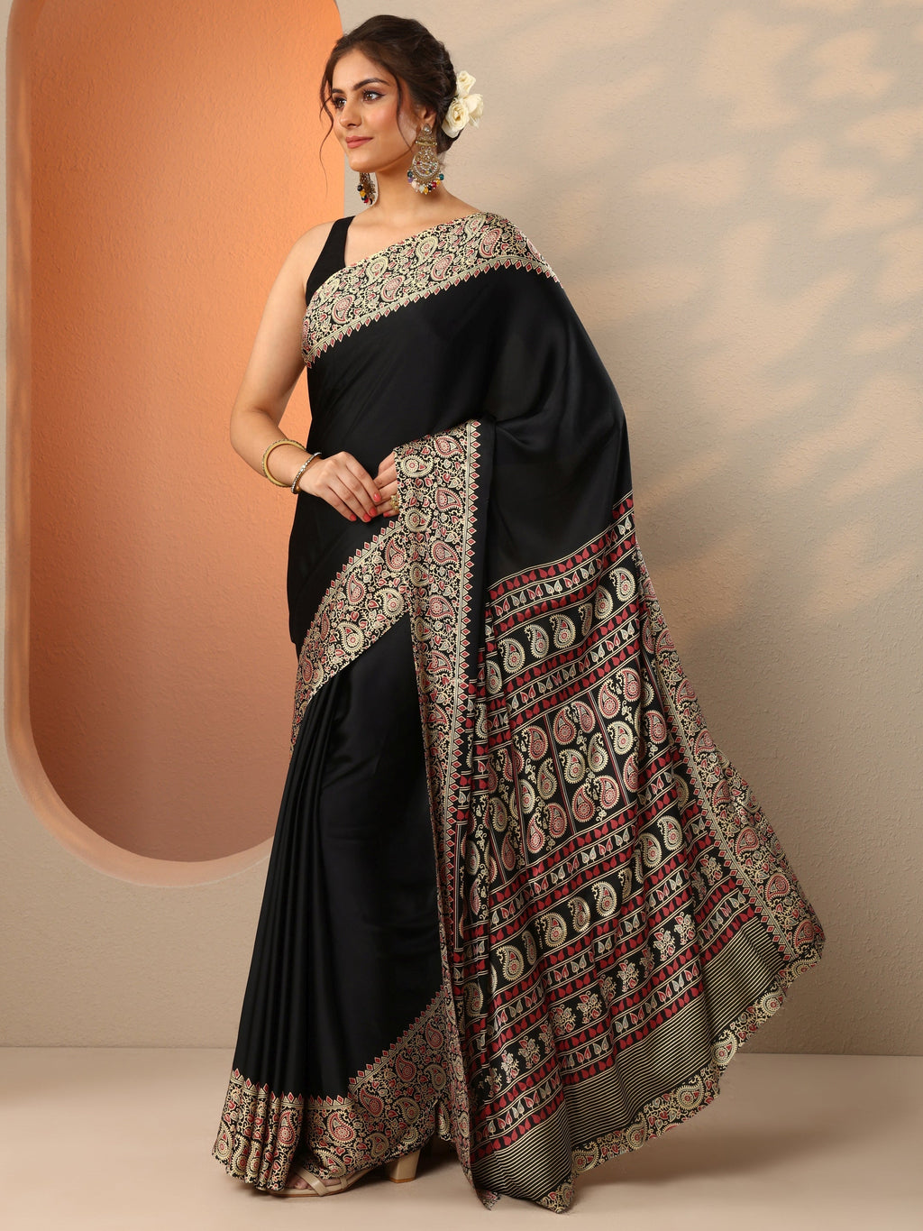 Libas Black Solid Satin Saree With Unstitched Blouse Piece