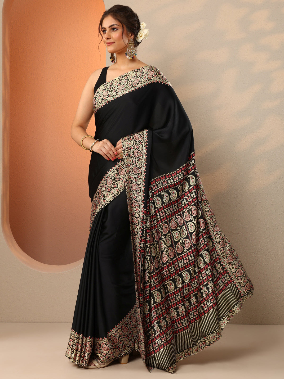 Libas Black Solid Satin Saree With Unstitched Blouse Piece