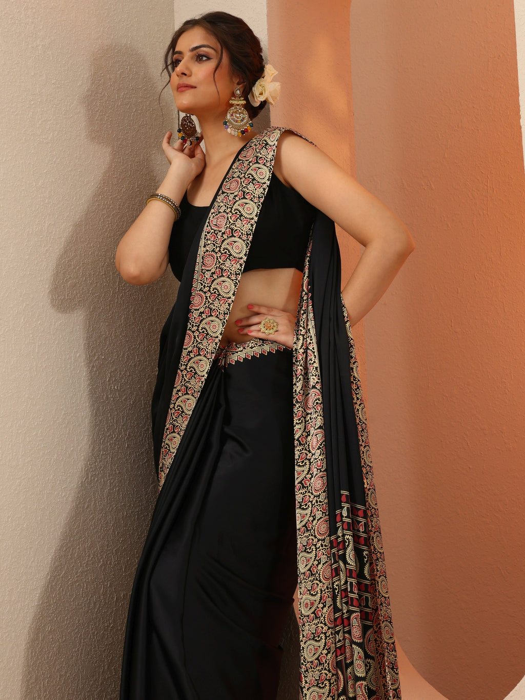 Libas Black Solid Satin Saree With Unstitched Blouse Piece