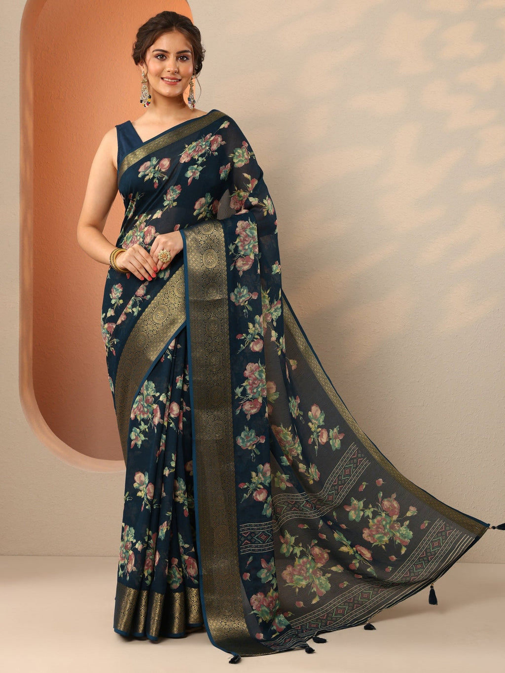 Libas Navy Blue Printed Georgette Saree With Unstitched Blouse Piece S45