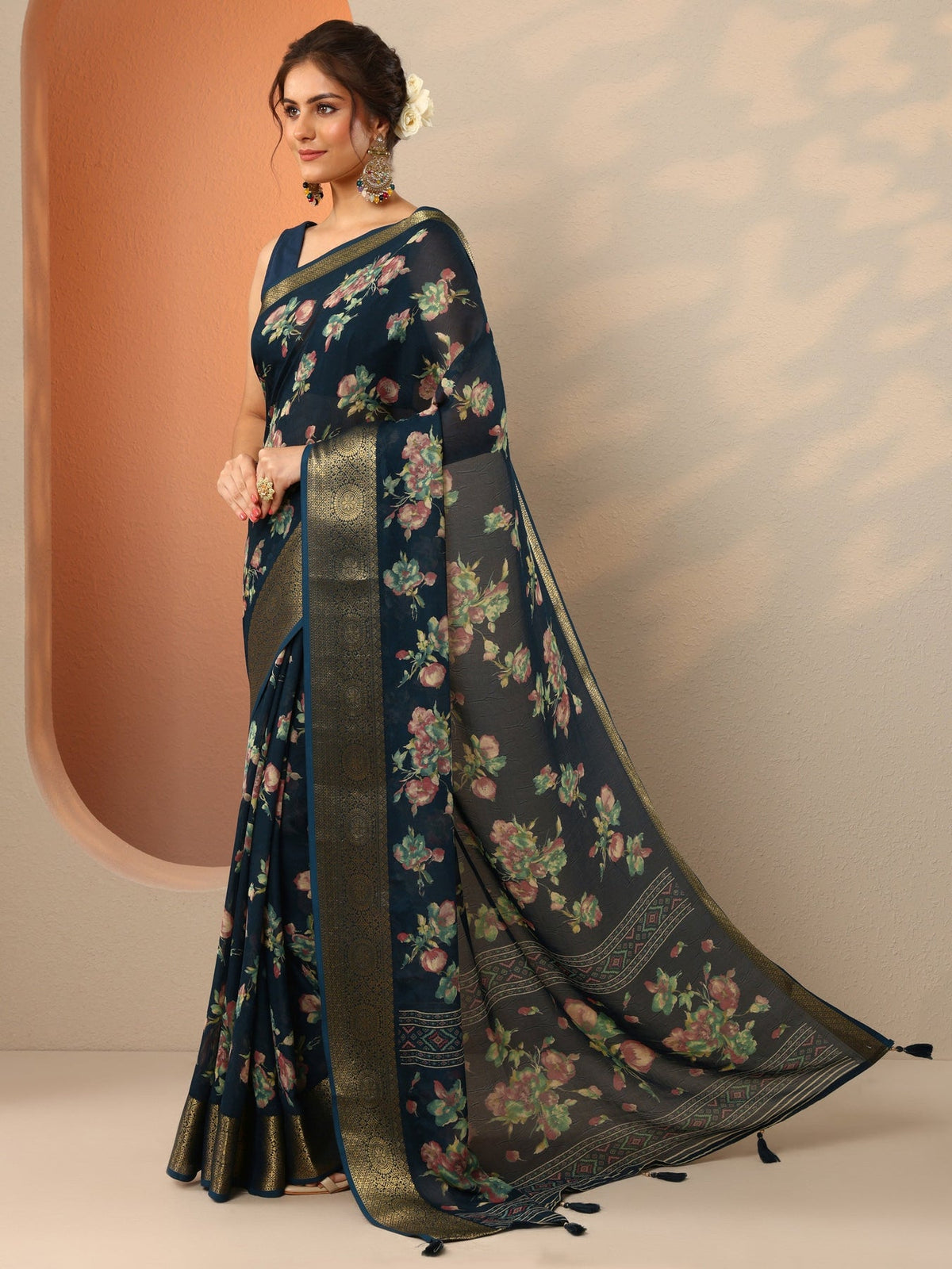 Libas Navy Blue Printed Georgette Saree With Unstitched Blouse Piece S45