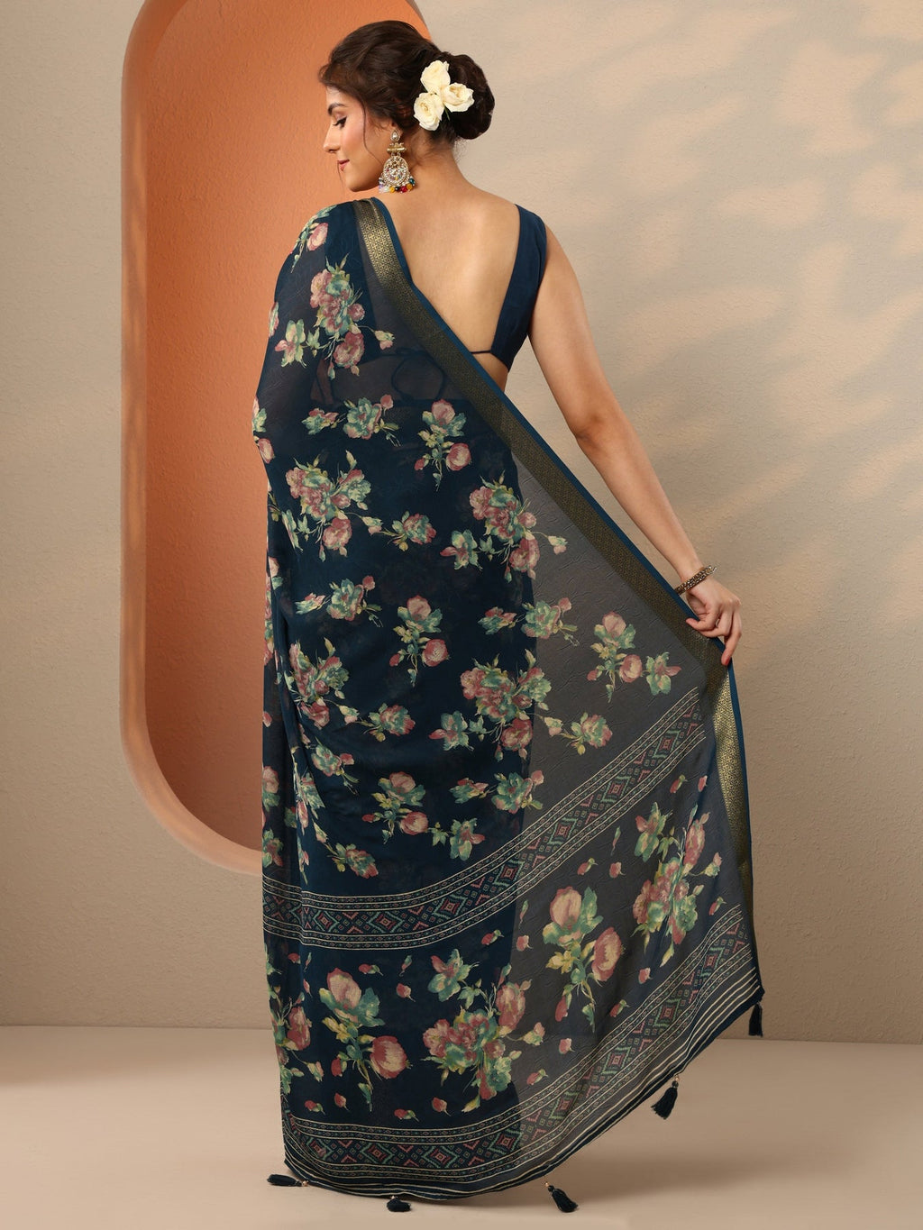Libas Navy Blue Printed Georgette Saree With Unstitched Blouse Piece S45