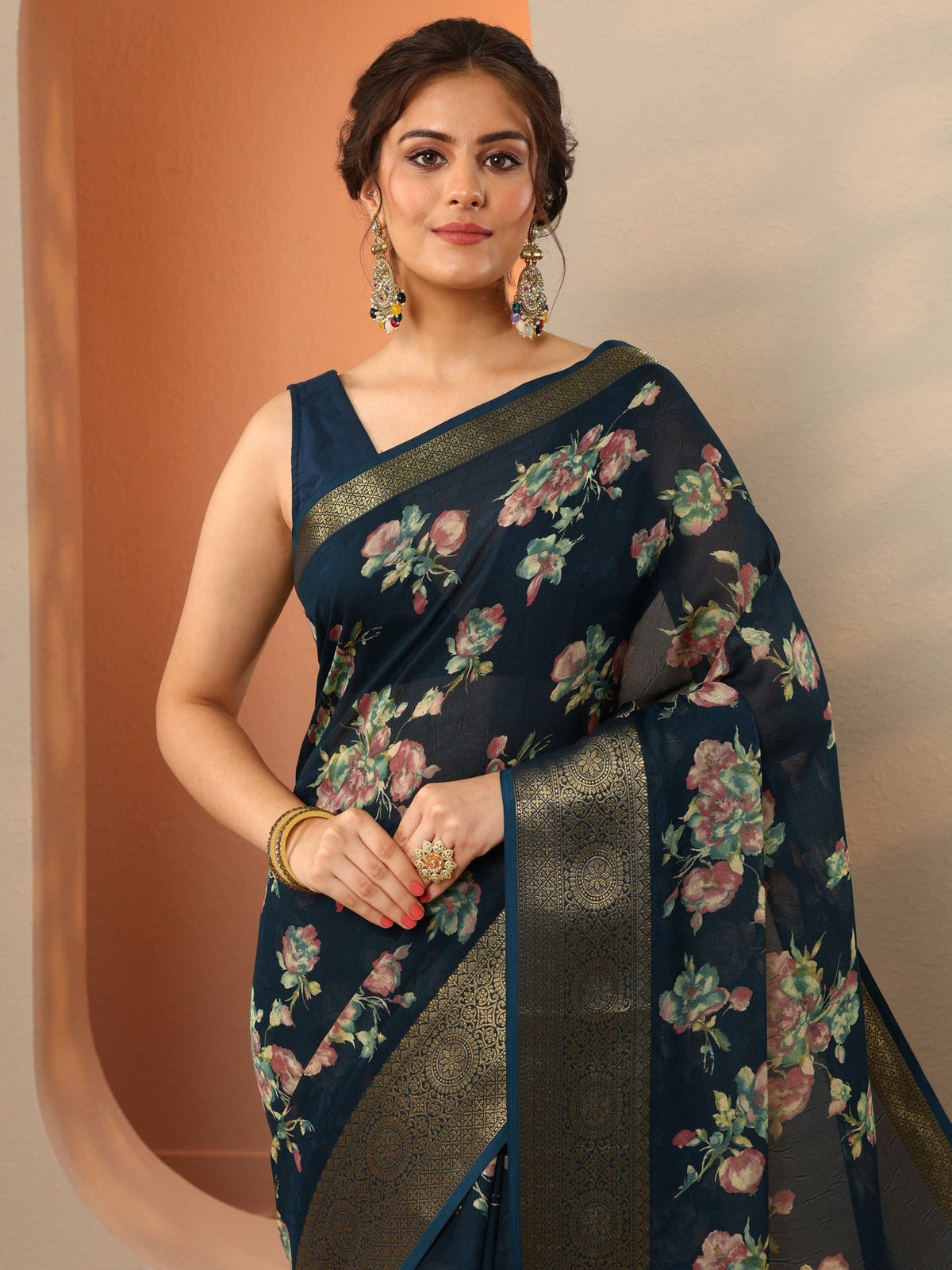 Libas Navy Blue Printed Georgette Saree With Unstitched Blouse Piece S45