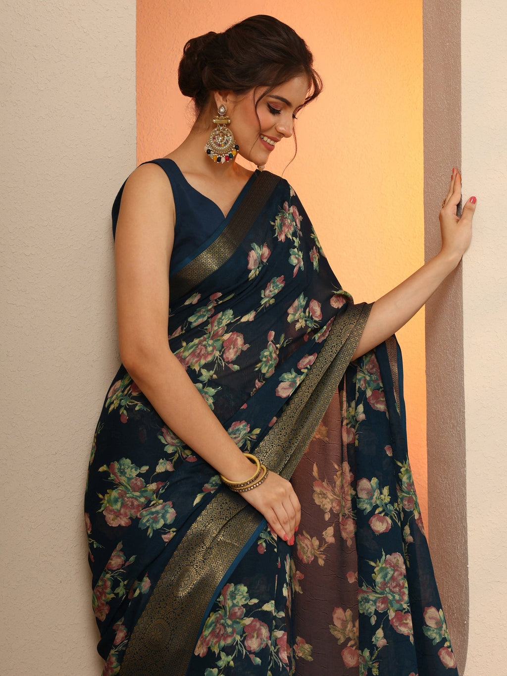 Libas Navy Blue Printed Georgette Saree With Unstitched Blouse Piece S45