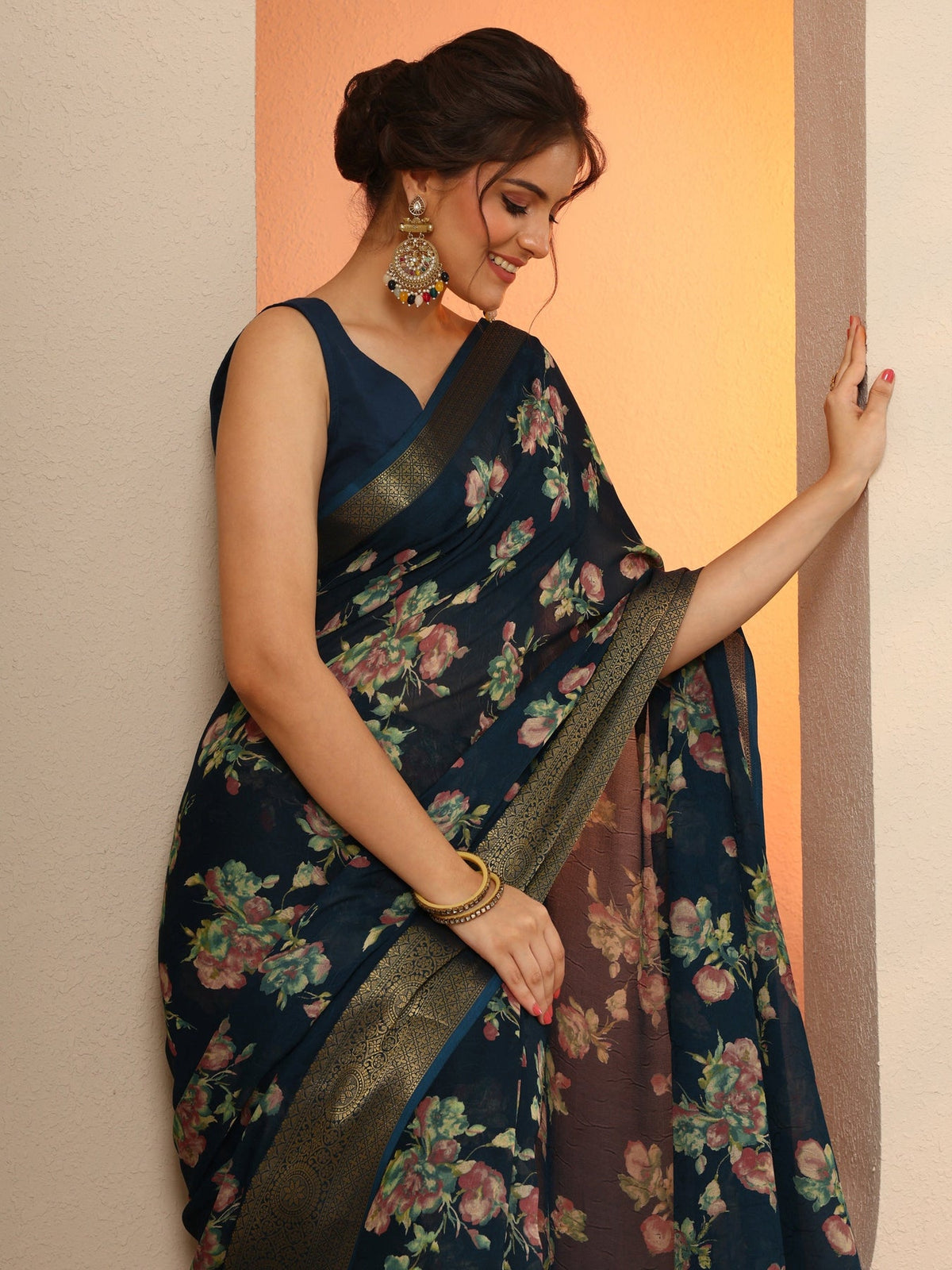 Libas Navy Blue Printed Georgette Saree With Unstitched Blouse Piece S45