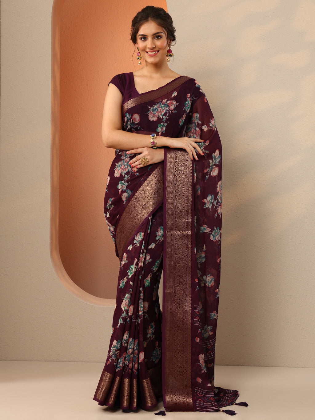 Libas Burgundy Printed Georgette Saree With Unstitched Blouse Piece