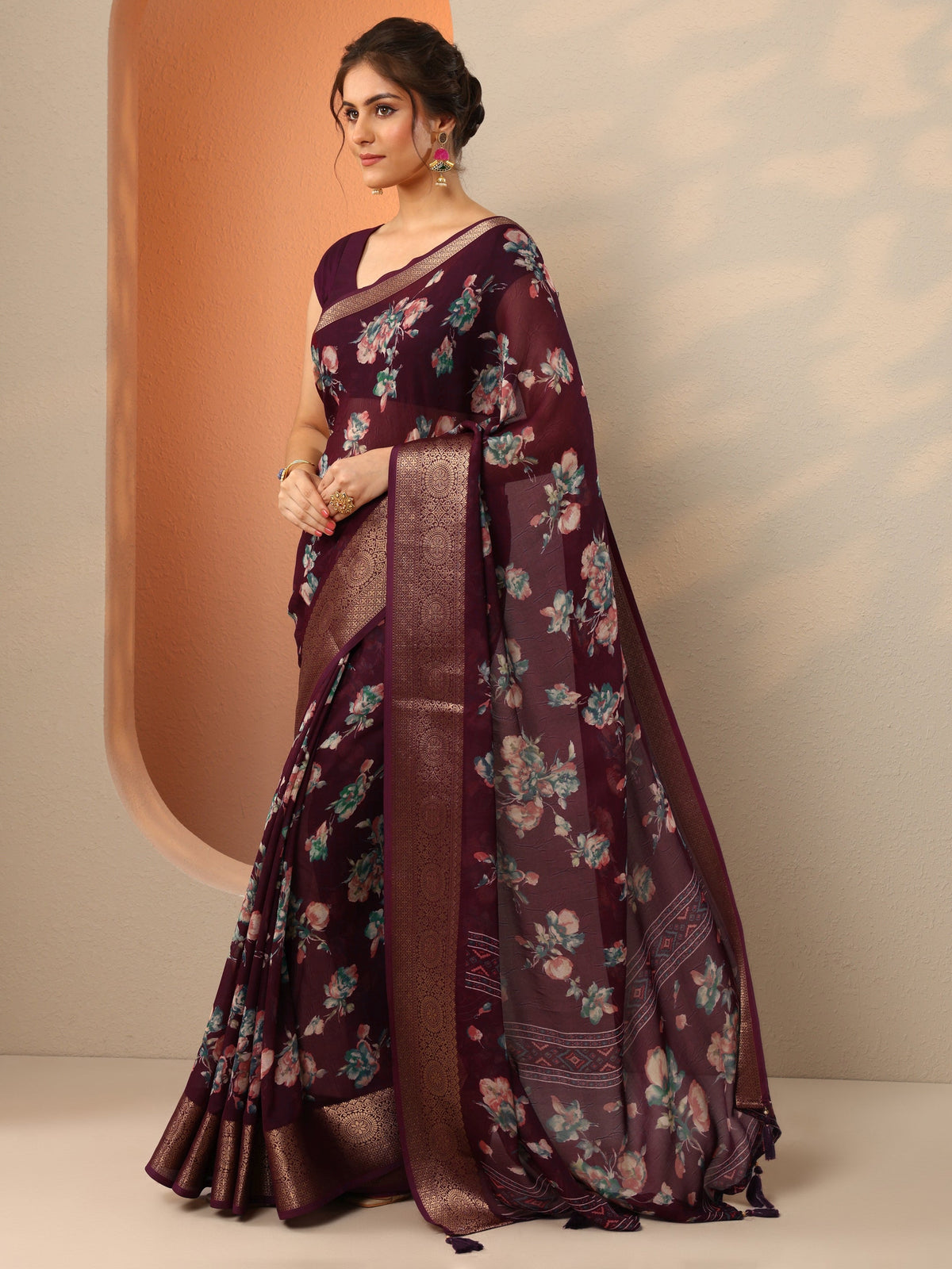 Libas Burgundy Printed Georgette Saree With Unstitched Blouse Piece