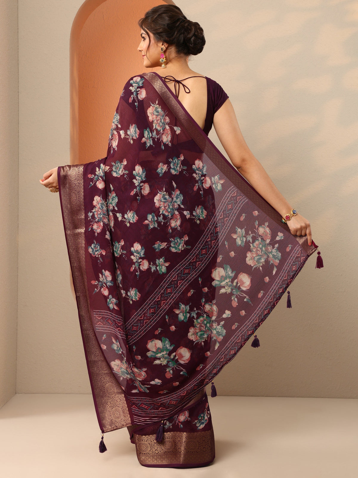 Libas Burgundy Printed Georgette Saree With Unstitched Blouse Piece