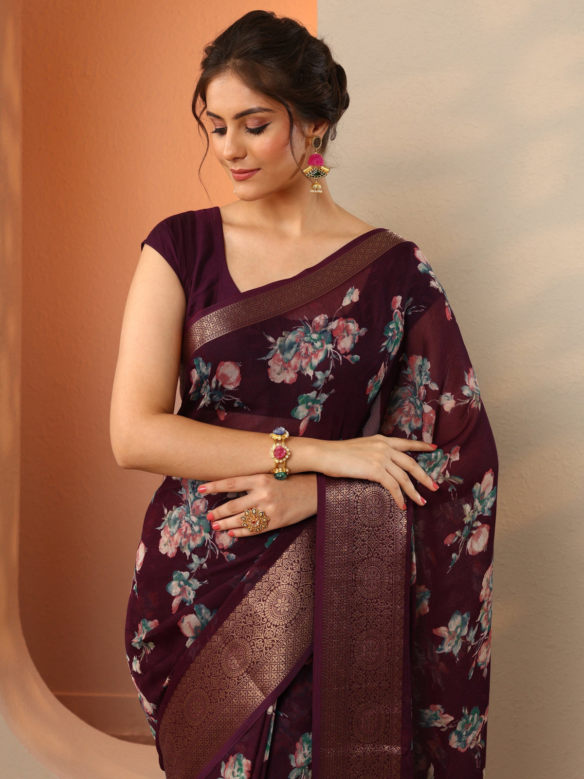 Libas Burgundy Printed Georgette Saree With Unstitched Blouse Piece