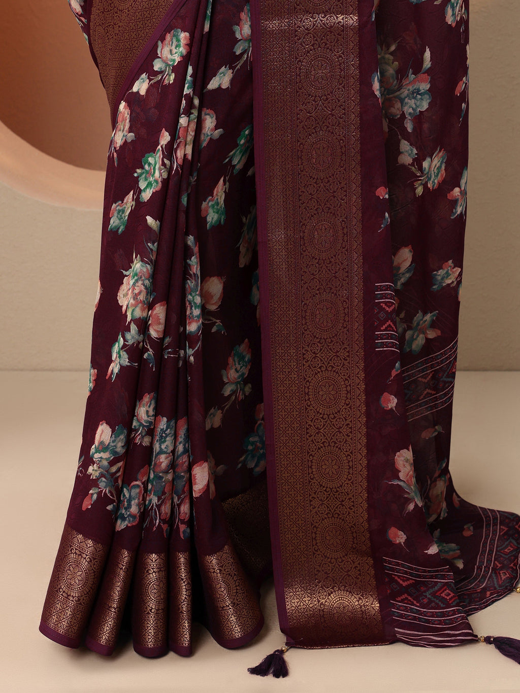 Libas Burgundy Printed Georgette Saree With Unstitched Blouse Piece