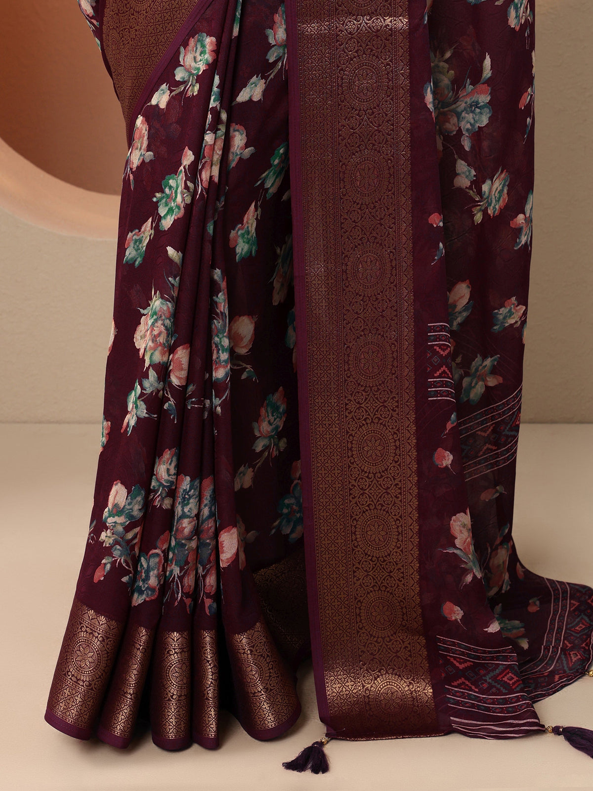 Libas Burgundy Printed Georgette Saree With Unstitched Blouse Piece