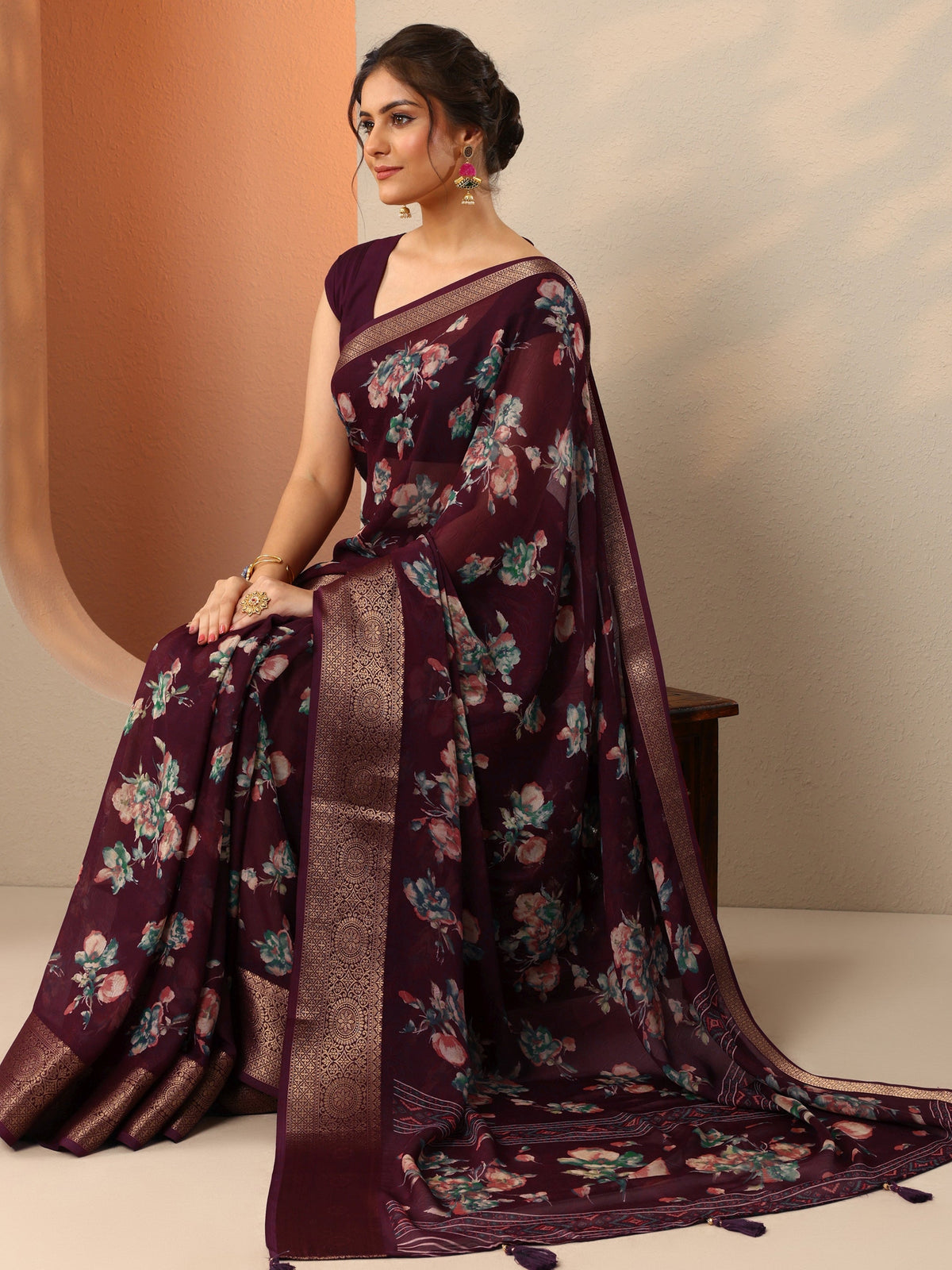 Libas Burgundy Printed Georgette Saree With Unstitched Blouse Piece