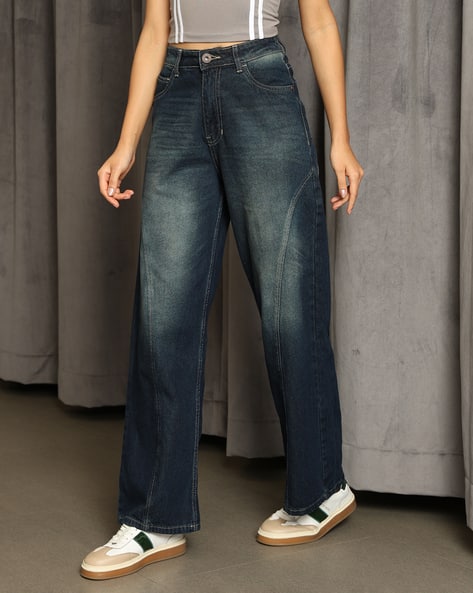 Shein Women Semi-Elasticated Waist Mid Wash Panelled Jeans Shein