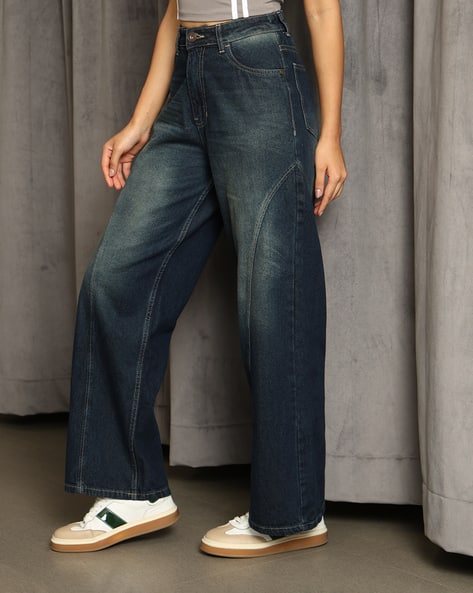 Shein Women Semi-Elasticated Waist Mid Wash Panelled Jeans Shein