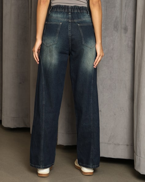 Shein Women Semi-Elasticated Waist Mid Wash Panelled Jeans Shein