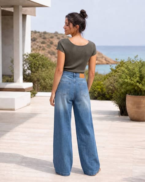 Shein Women Full Length Dart Detail Mid Wash Jeans Shein