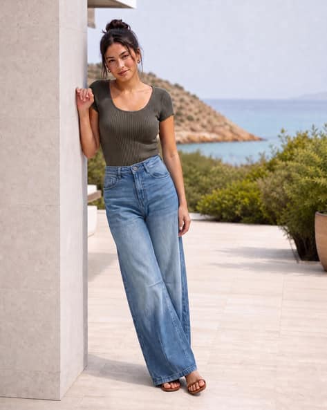 Shein Women Full Length Dart Detail Mid Wash Jeans Shein