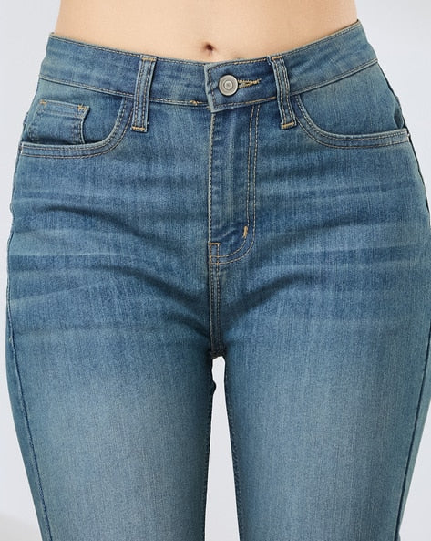 Shein Women Full Length Fly With Button Closure Mid Wash Jeans Shein