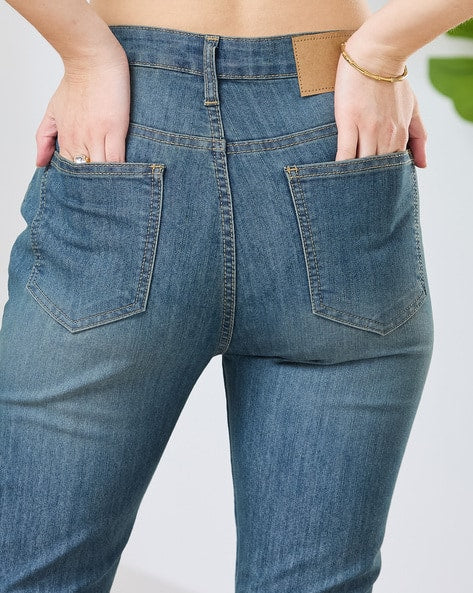 Shein Women Full Length Fly With Button Closure Mid Wash Jeans Shein