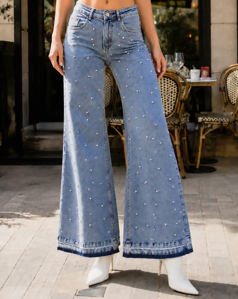 Shein Women Full Length Pearl Embellished Stone Wash Jeans Shein
