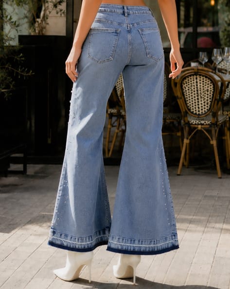 Shein Women Full Length Pearl Embellished Stone Wash Jeans Shein