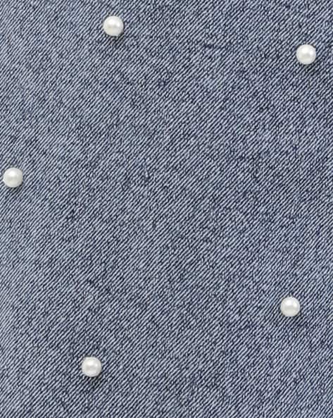 Shein Women Full Length Pearl Embellished Stone Wash Jeans Shein