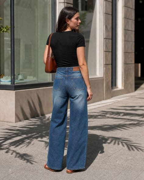 Shein Women Full Length Semi Elasticated Waist Mid Wash Jeans Shein