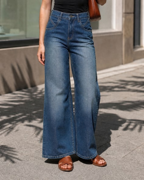 Shein Women Full Length Semi Elasticated Waist Mid Wash Jeans Shein