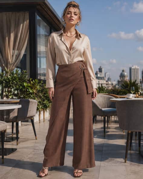 Shein Women Full Length Semi Elasticated Waist Mock Wrap Pant