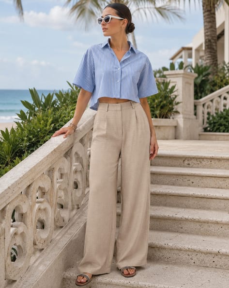Shein Women Full Length Semi Elasticated Waist Pleated Pant