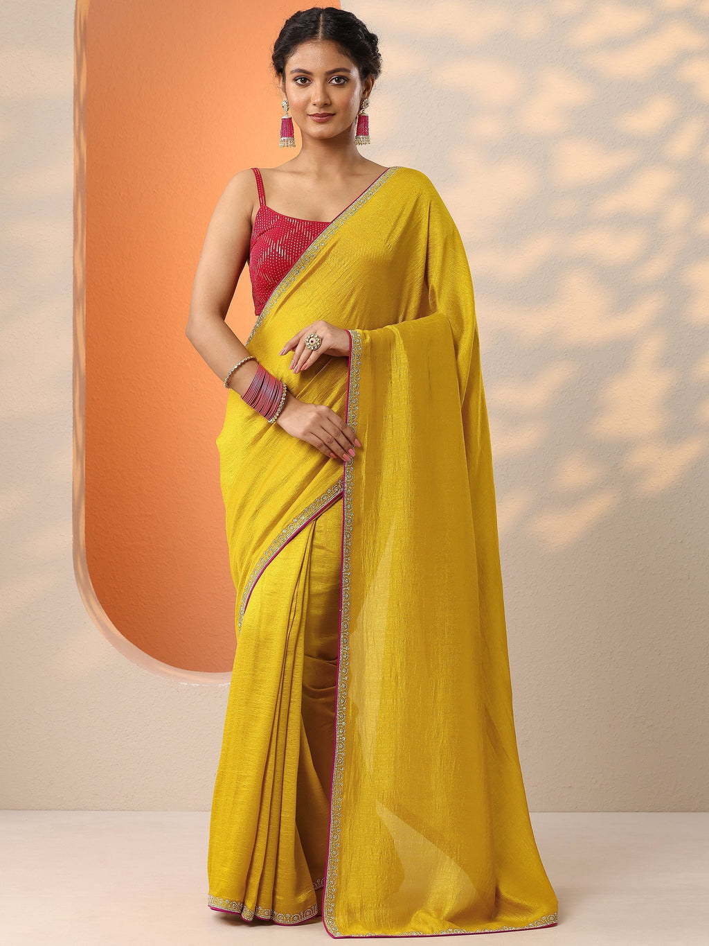 Libas Mustard Solid Silk Blend Saree With Unstitched Blouse Piece