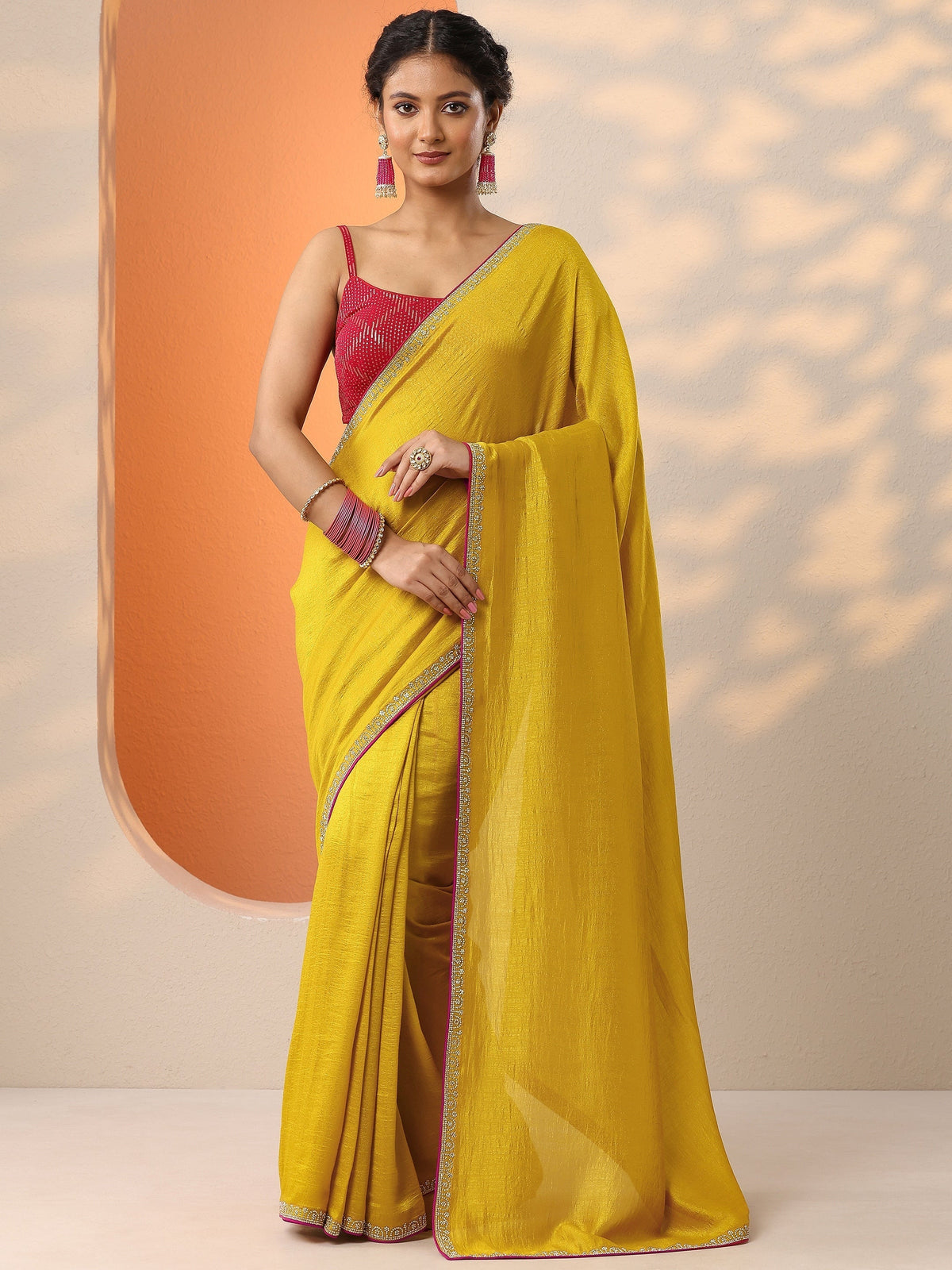 Libas Mustard Solid Silk Blend Saree With Unstitched Blouse Piece