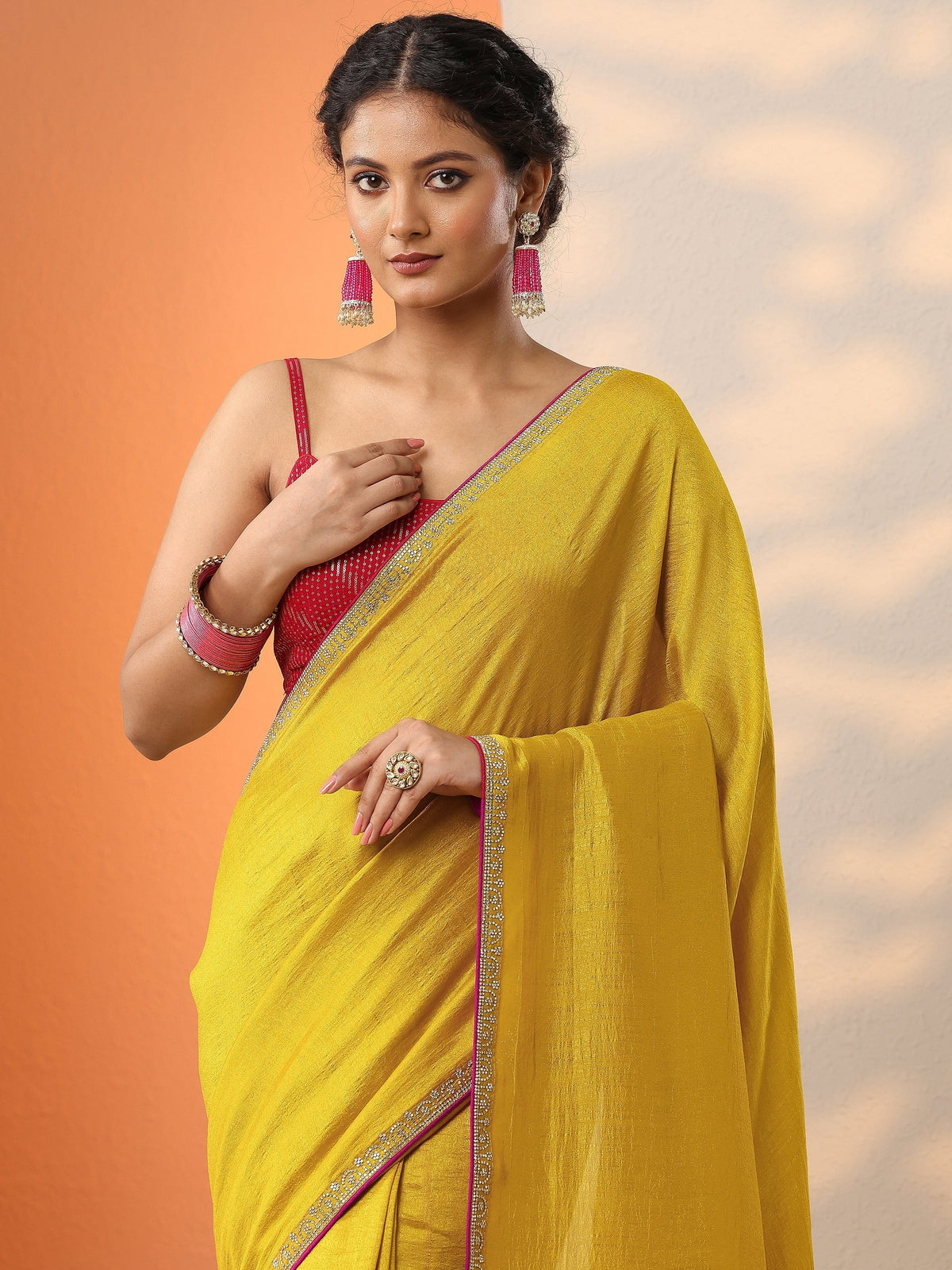 Libas Mustard Solid Silk Blend Saree With Unstitched Blouse Piece