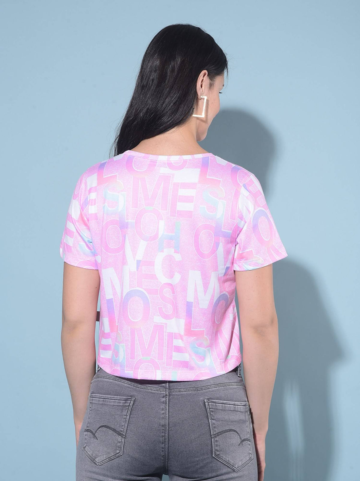 Women Pink Typographic Printed Crop Length Top | CT61 - view 2