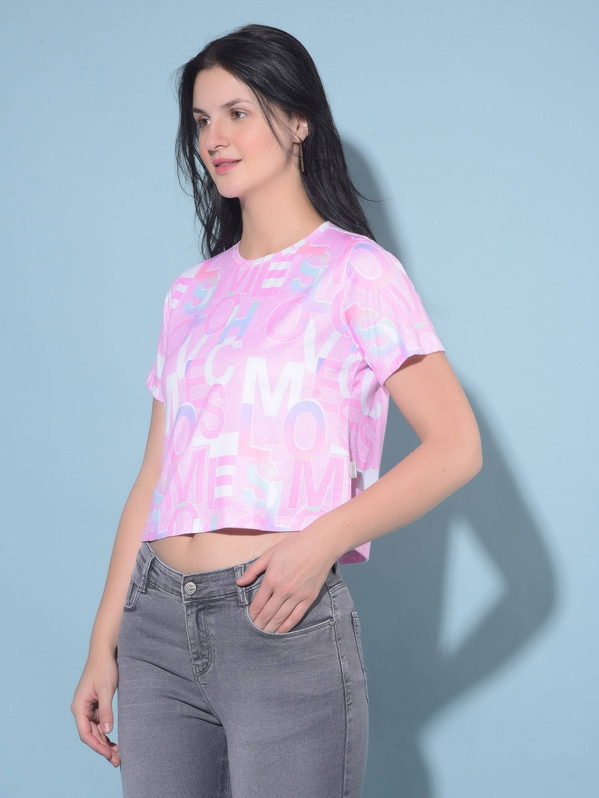 Women Pink Typographic Printed Crop Length Top | CT61 - view 3